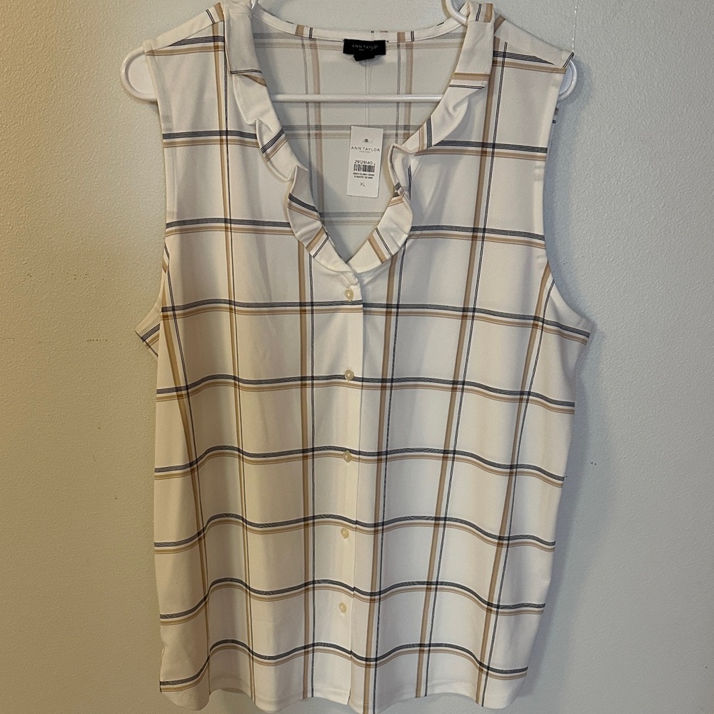 Ann Taylor Cream and Brown Plaid Sleeveless Blouse